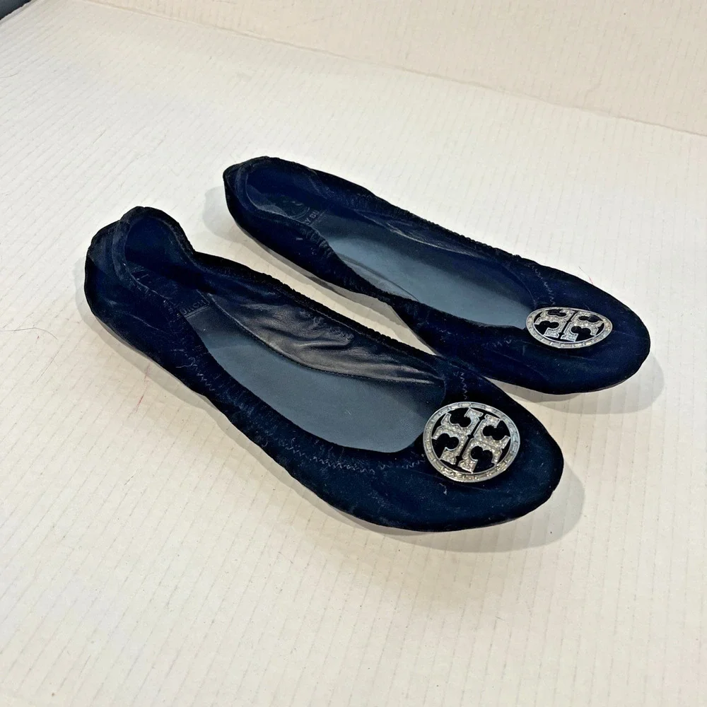 Tory Burch Black Violet Velvet Crystal Embellished Ballet Flats Size 7.5 Shoe